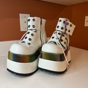 Demonia Bear-104 (White Patent-Rainbow, Reflective) size 6, Like New without box
